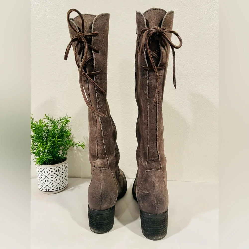 Born “Felicia” Taupe Knee-High Suede Boots Distressed w Tie Back | Like New